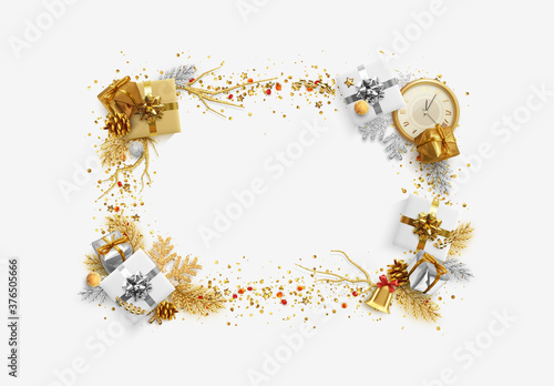 Christmas frame with Xmas decorative realistic objects. Festive new year background. Border is empty for text. view from above. Greeting card, composition with gift box decor. vector illustration