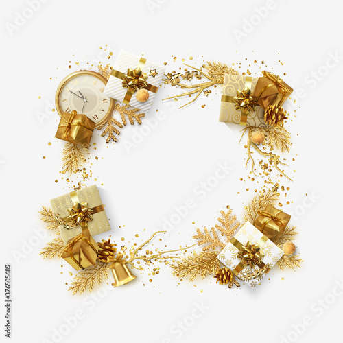 Christmas frame with Xmas decorative realistic objects. Festive new year background. Border is empty for text. view from above. Greeting card, composition with gift box decor. vector illustration