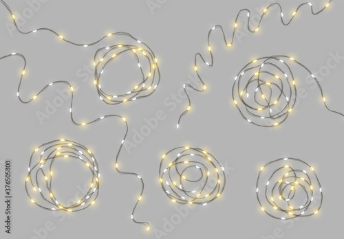 Christmas lights garlands. Festive design elements. Celebrate realistic object. Holiday Xmas Decor drip dew led lamp. New Year light effects isolated. Vector illustration.