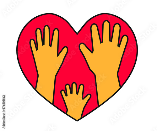 People hands and heart on a white background. A family. Vector illustration.