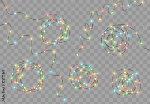 Christmas lights garlands. Festive design elements. Celebrate realistic object. Holiday Xmas Decor drip dew led lamp. New Year light effects isolated. Vector illustration.