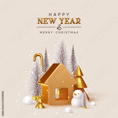 Happy New Year. Christmas trees lush and 3d golden conical fir, winter snow composition. Gold house. New Year Gold metal volumetric title text. Xmas holiday gift card. Creative stylish background