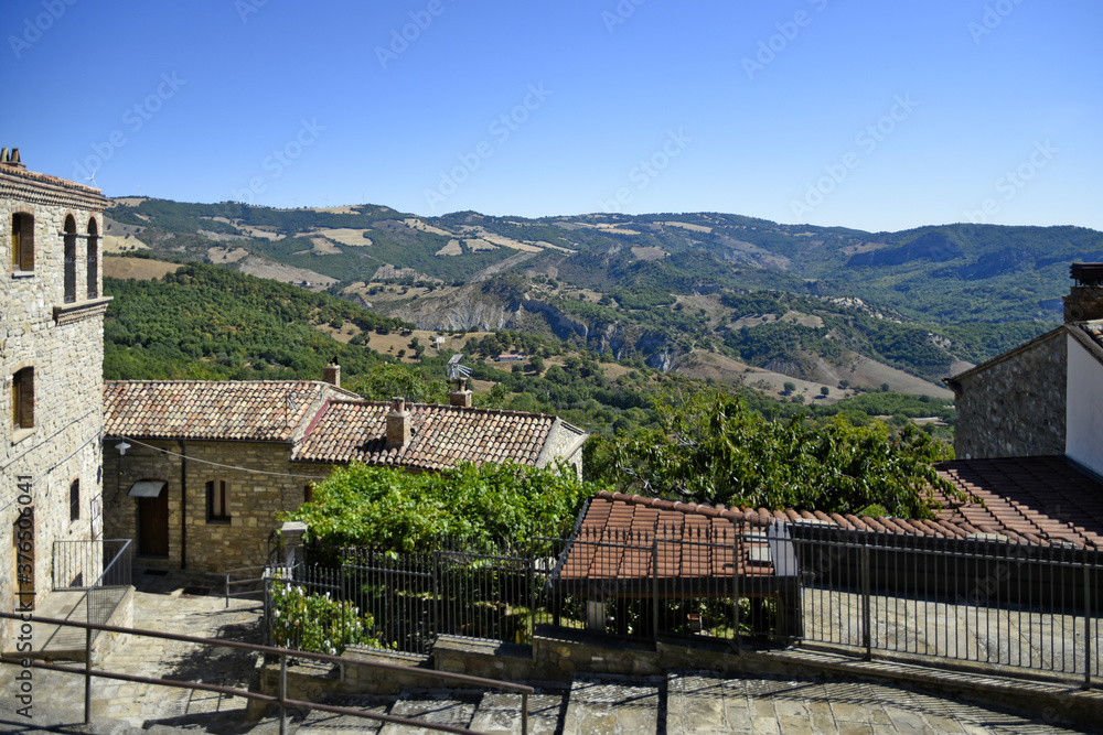 Panoramic view of Guardia Perticara, a village in the mountains of the Basilicata region, Italy.