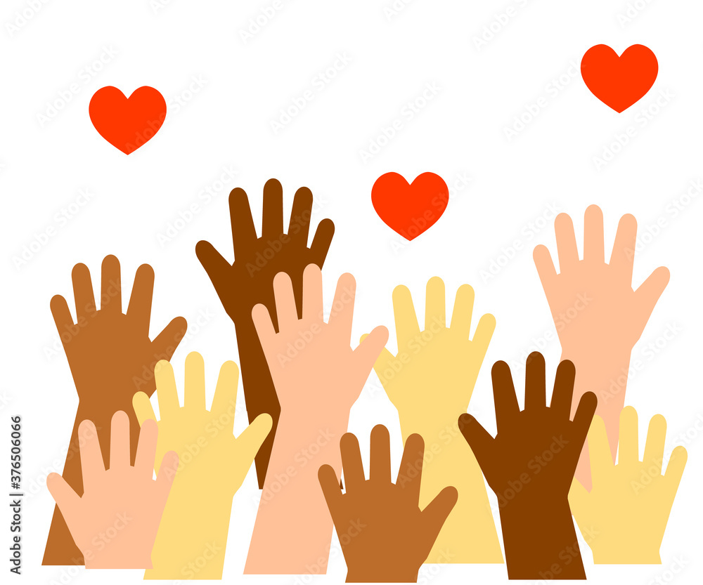 The hands of various people are raised up. Symbol. Vector illustration. The hands of various people are raised up. Symbol. Vector illustration.