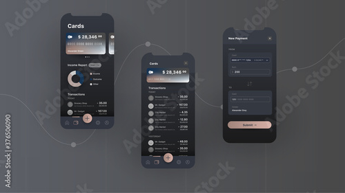 Mobile banking application user interface, screen layouts for cards and transitions on scroll, payment modal, dark colour design with tab bar