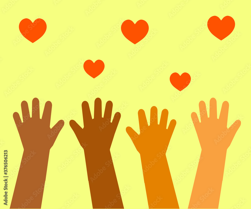 The hands of various people are raised up. Symbol. Vector illustration. The hands of various people are raised up. Symbol. Vector illustration.