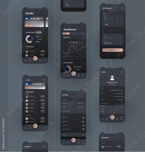 User interface design for e wallet or online banking application, modern dark layout with charts, transitions and bank account cards