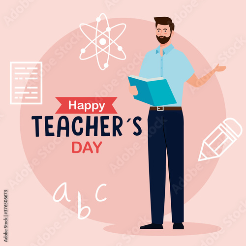 happy teachers day, and man teacher reading book with education icons vector illustration design