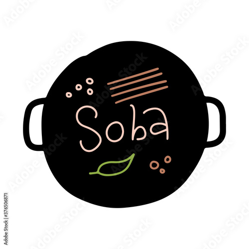 Soba, buckwheat noodles logo. Traditional japanese dish sticker with linear lettering. Pan with noodles, eggs and vegetables. Restaurant menu, poster design element