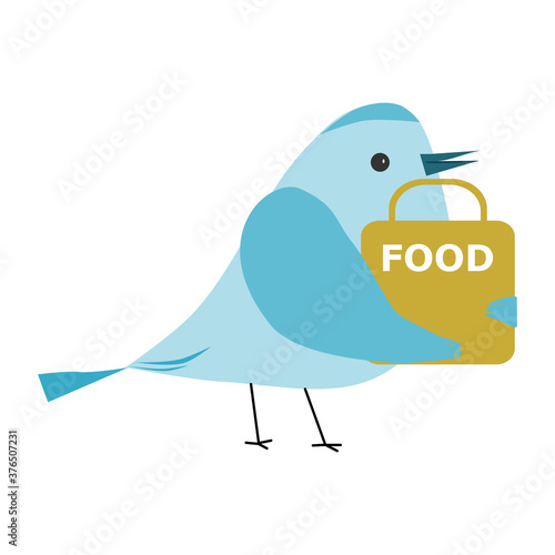 Safe food delivery at home. Bird holding a bag with fast food.
Funny birds concept. 
