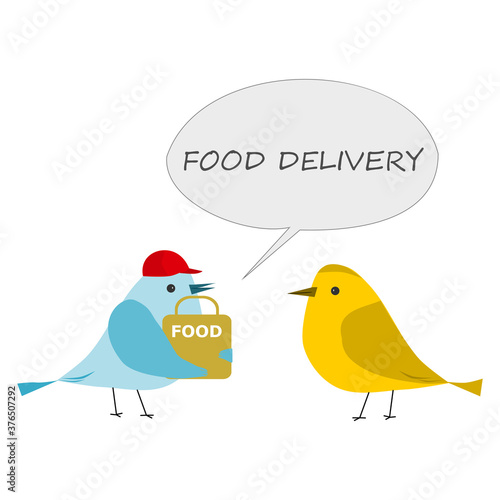 Safe food delivery at home. Bird holding a bag with fast food.
Funny birds concept. 
