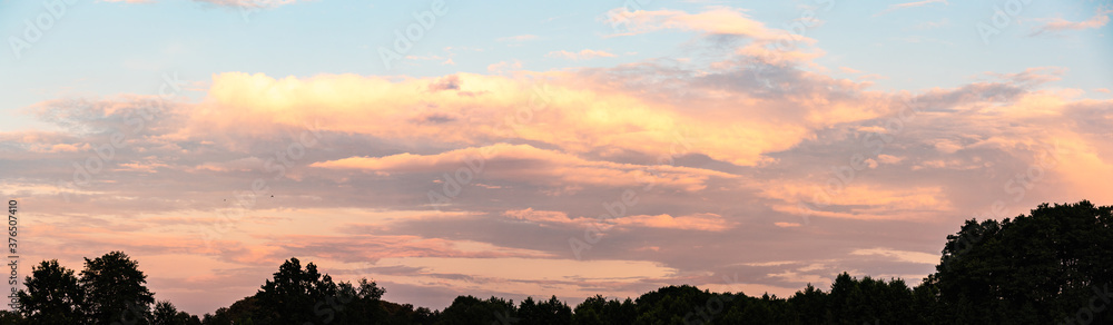 Fototapeta premium Sky panorama during sunset over forest with pastel colors sky and colorful clouds
