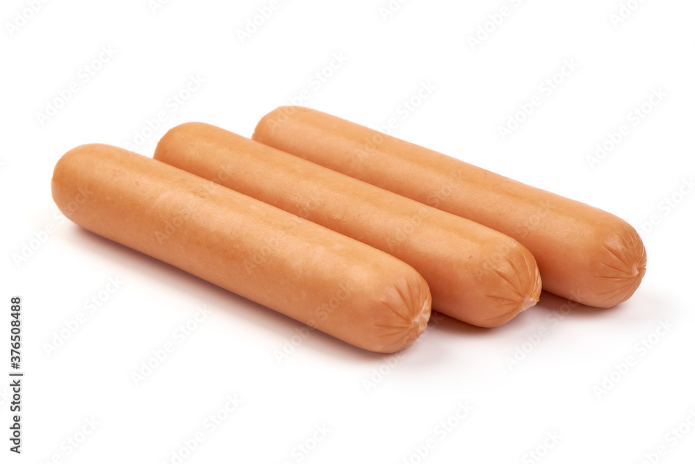 Fresh pork Boiled sausages, isolated on white background Fresh pork Boiled sausages, isolated on white background