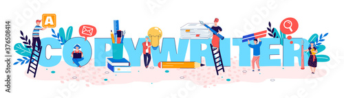 Concept copywriter. Creating quality content, writing and editing texts, creativity searching for ideas and promotion. Freelancer business. Vector flat illustration with cartoon people