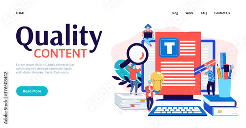 Concept copywriter business. Creating quality content writing texts searching for ideas and promotion. Cartoon people with tools near monitor. Landing page template vector illustration
