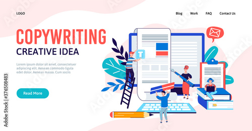 Copywriter or blogging. Creating content writing and editing texts creativity and searching for ideas. Freelancer business. Landing page template. Vector cartoon flat illustration.