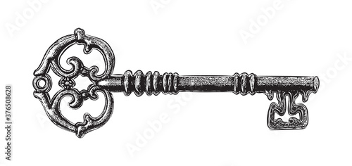 Sketch style of vintage key on white background photo