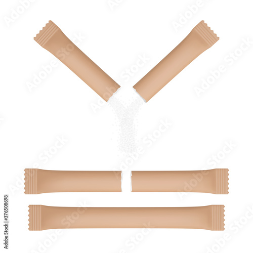 Realistic brown paper sachet bag. Torn package mockup with falling sugar. Isolated vector design.