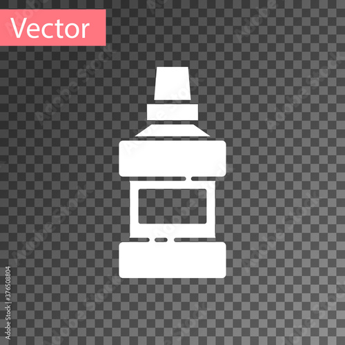 White Mouthwash plastic bottle and glass icon isolated on transparent background. Liquid for rinsing mouth. Oralcare equipment. Vector.
