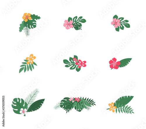 Fototapeta Naklejka Na Ścianę i Meble -  Set of Hawaiian tropical Hibiscus flowers and leaves, cartoon vector illustration isolated on white background. Floral collection for summer holiday invitation cards.