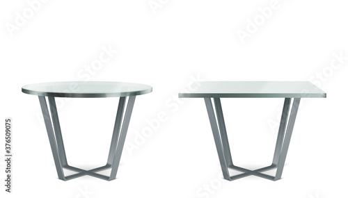Modern tables with round and square glass top. Vector realistic set of cocktail, coffee or dining table with metal cross legs and clear plexiglass top isolated on white background