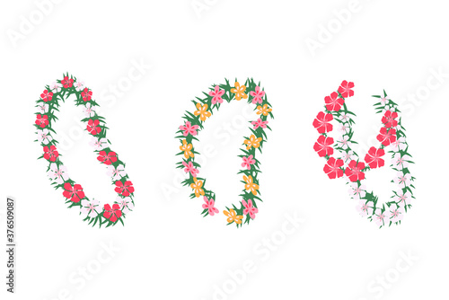 Set of Hawaiian tropical floral garlands, cartoon vector illustration isolated on white background. Wedding and holiday garlands with tropical flowers.