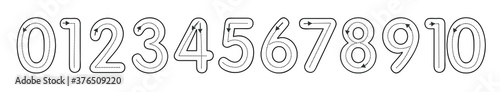 Coloring page outline of cartoon numbers. Educational exercise, preschool worksheet for practicing fine motor skills, tracing dashed lines, colorful vector illustration, coloring book for kids.