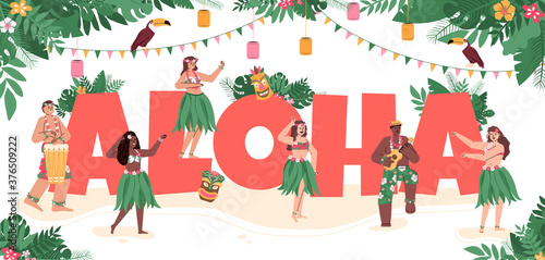 Hawaiian people dancing wearing traditional dresses around aloha sign decorated. Men and women dancing to music playing guitar, flat cartoon vector illustration