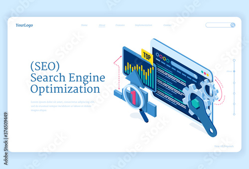 SEO search engine optimization isometric landing page. Technology for internet marketing and digital business content. Computer devices desktop with gears and analysis charts, 3d vector web banner
