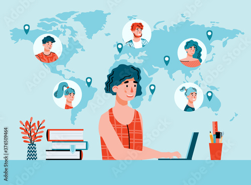 Woman remotely working with international colleagues using online communication and video conference on computer, flat cartoon vector illustration background