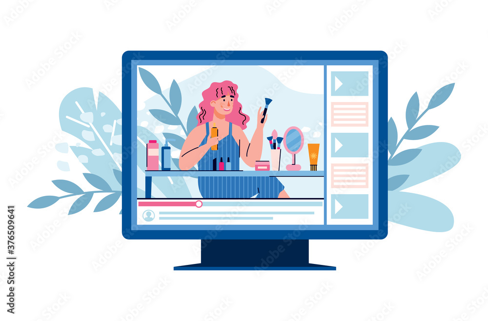 Computer screen with young beautiful girl videoobloger or vlogger recording video about makeup and beauty products, flat vector illustration isolated on white background. Computer screen with young beautiful girl videoobloger or vlogger recording video about makeup and beauty products, flat vector illustration isolated on white background.