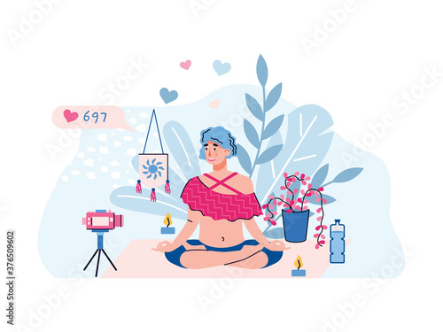 Video blogger or vlogger woman character making yoga practice stream, flat vector illustration isolated on white background. Vlogger in front of camera showing yoga pose.