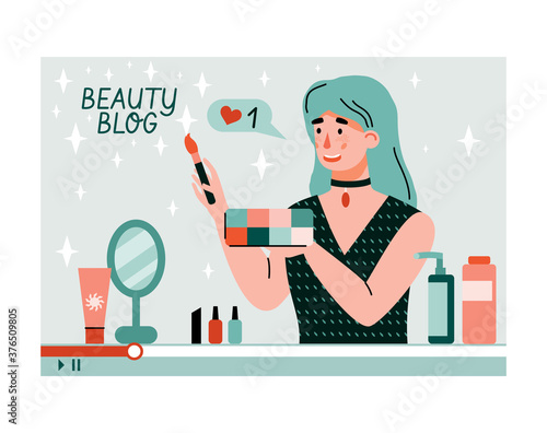 Recording of beauty blog with girl blogger doing online cosmetic review, cartoon vector illustration isolated on white background. Cosmetic and makeup video tutorial.