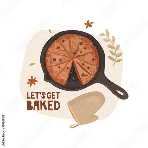 Abstract background with texture, leaves. Prepared dish, homemade baked goods. Pie, spices, oven mitt. Cozy home atmosphere. Let's get baked handwritten lettering. Hand-drawn vector illustration.