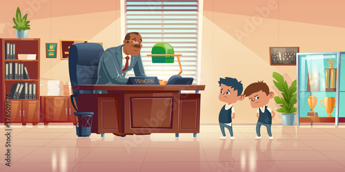 Teacher meeting with kids in principals office. Vector cartoon illustration of kind man school headmaster talk with two guilty boys. Administration cabinet with director and students photo