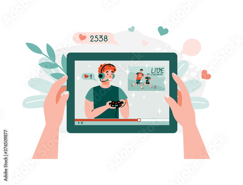 Video tutorial playing on tablet. Young man streaming playing videogames on video hosting platform for subscribers, flat cartoon vector illustration white background
