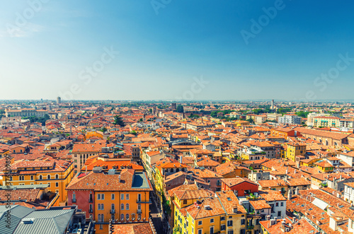 Aerial view of Verona city historical centre Citta Antica with red tiled roof buildings