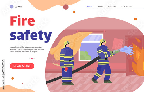 Fire safety website banner. Cartoon firefighter people in burning apartment emergency extinguishing flames with water hose, vector illustration of firemen working.