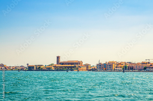 Panoramic view from sea lagoon of Chioggia town cityscape