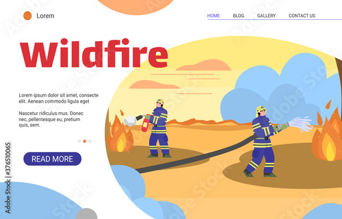 Wildfire banner template - firemen extinguishing wild fire with water and extinguisher. Cartoon firefighter people in uniform at burning landscape, vector illustration
