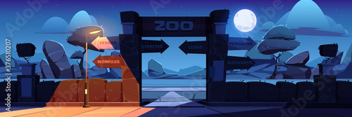 Zoo entrance with wooden board on arch at night. Vector cartoon landscape with entry gates to zoological garden, direction signs to different animals, stones, trees and moon in sky