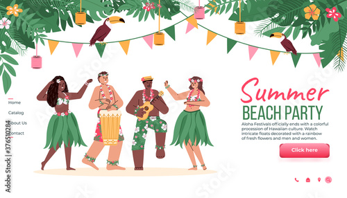 Website template for summer beach party with Hawaiian Hula dancers, cartoon vector illustration. Hawaiian tropical party landing page mockup with dancing people.
