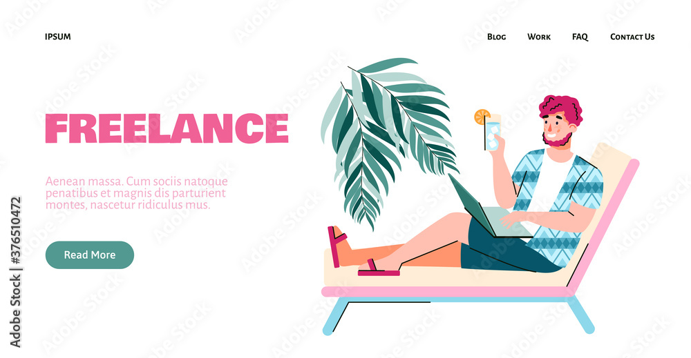 Fototapeta premium Website interface with man freelancer working remotely online during vacation, flat vector illustration. Remote job and freelance occupation landing page.