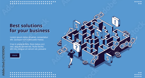 Best business solutions isometric landing page, businessman looking for way to reach goal through maze, employee try to pass labyrinth, challenge overcoming aim achieving 3d vector line art web banner