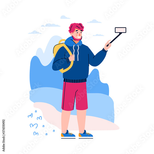 Young man travel blogger creating content for social media blog, cartoon vector illustration isolated on white background. Video streamer shooting his journey.
