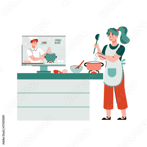 Woman cooking watching culinary video tutorial of food blogger, flat cartoon vector illustration isolated on white background. Culinary video blog follower.