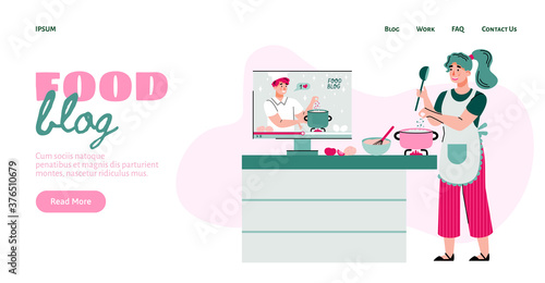 Food blog website interface with woman cooking according to tutorial of blogger or vlogger, flat cartoon vector illustration. Landing page background for culinary blog.
