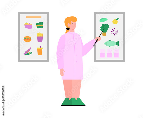 Female character of doctor nutritionist or dietolog showing principles of healthy dieting and nutrition, flat cartoon vector illustration isolated on white background.