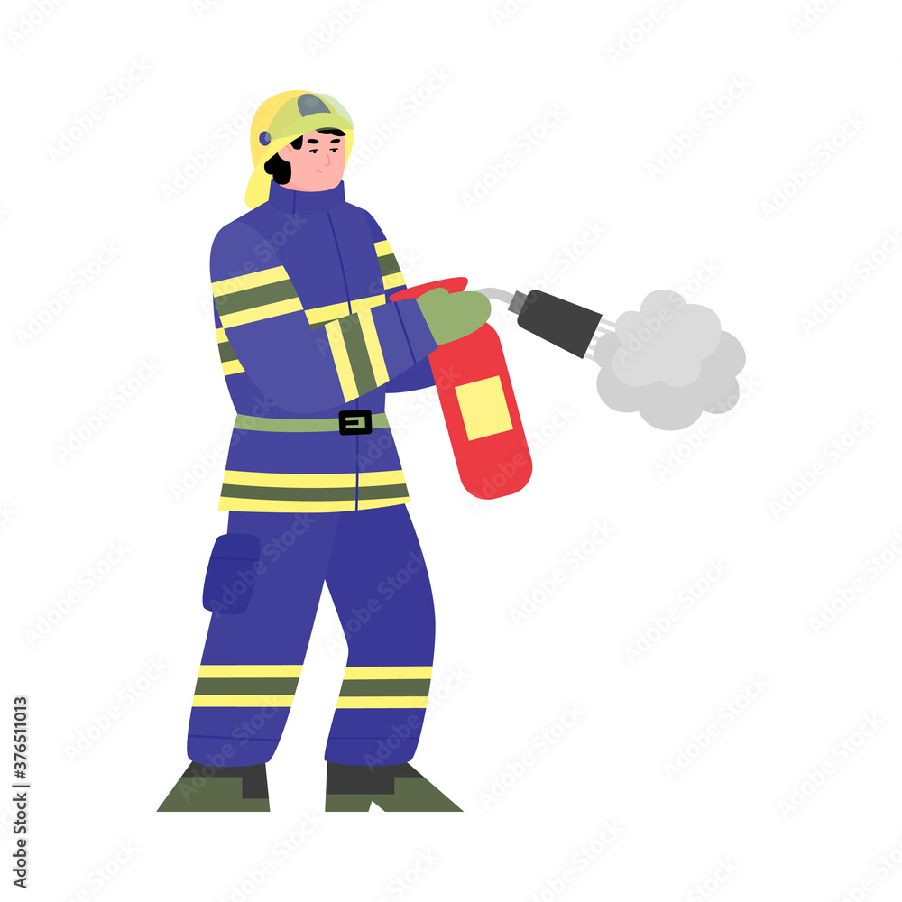 Fireman wearing special uniform fighting fire using extinguisher. Rescueing people with equipment, flat cartoon vector illustration isolated white background Fireman wearing special uniform fighting fire using extinguisher. Rescueing people with equipment, flat cartoon vector illustration isolated white background