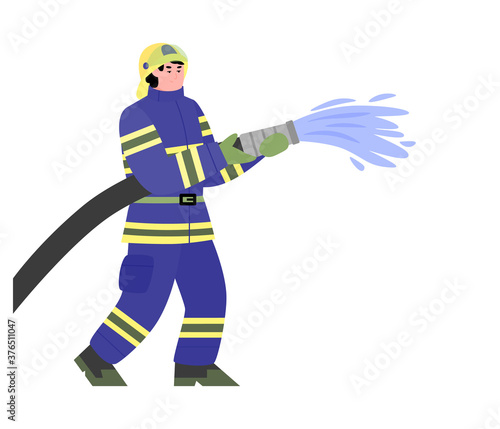 Firefighter kneeling with fire hose fighting fire and smoke set. Fireman wearing uniform rescueing people, flat cartoon vector illustration isolated white background